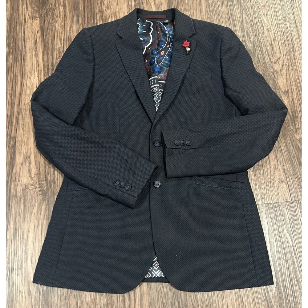 Ted Baker London Linen Herringbone Jacket Size 3 Navy Gray 2 Button Blazer
